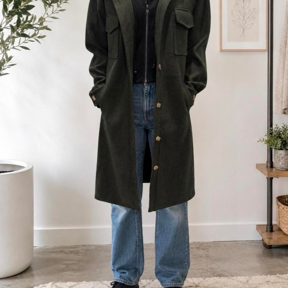Olive green corduroy trench coat with hood.
